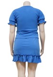 Summer Plus Size Casual Blue Beaded Shirt and Mini Skirt Set