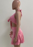 Summer Pink Sexy Knotted Bra and Pleated Skirt Set