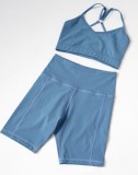 Summer Sports Light Blue Yoga Bra and Shorts 2PC Set