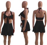 Summer Black Sexy Knotted Bra and Pleated Skirt Set