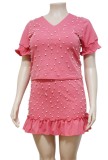 Summer Plus Size Casual Pink Beaded Shirt and Mini Skirt Set