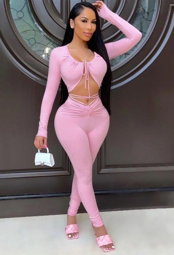 Summer Pink Sexy Long Sleeve Crop Top and Pants Set