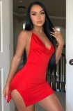 Summer Red Sexy Backless Halter Mini Club Dress