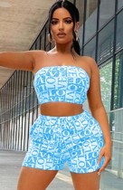 Summer Print Blue Strapless Crop Top and Shorts Set