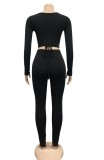 Summer Black Sexy Long Sleeve Crop Top and Pants Set
