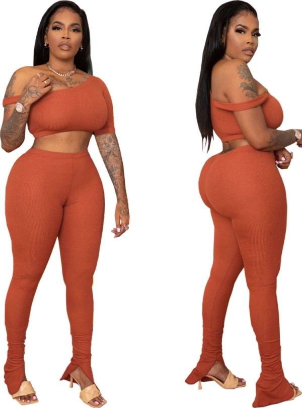 Summer Orange Sexy Bodycon Crop Top and Pants Set