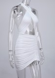Summer White Sexy Cut Out Wrap Halter Ruched Strings Mini Dress