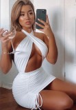 Summer White Sexy Cut Out Wrap Halter Ruched Strings Mini Dress