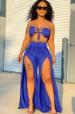 Summer Blue Lace-Up Bandeau Top and Slit Long Skirt Set