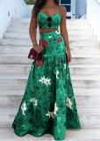 Summer Formal Green Floral Strap Crop Top and High Waist Long Skirt 2PC Sundress Set