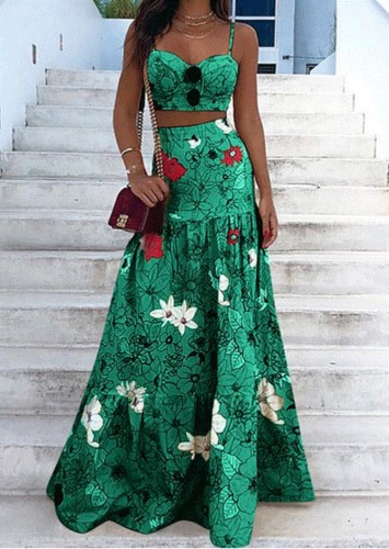 Verano Formal Verde Floral Correa Crop Top y Falda larga de cintura alta Conjunto de vestido veraniego de 2 piezas