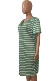 Summer Plus Size Casual Stripes Green Shirt Dress