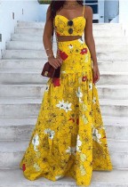 Summer Formal Yellow Floral Strap Crop Top y Falda larga de cintura alta 2PC Sundress Set