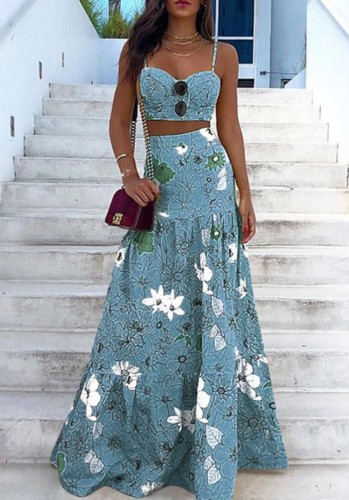 Summer Formal Blue Floral Strap Crop Top and High Waist Long Skirt 2PC Sundress Set