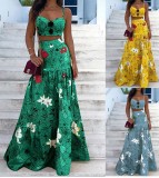 Summer Formal Green Floral Strap Crop Top and High Waist Long Skirt 2PC Sundress Set