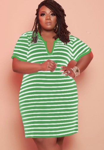 Summer Plus Size Casual Stripes Green Shirt Dress