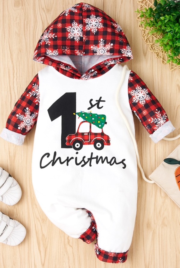 Baby Boy Christmas Print Hooded Rompers