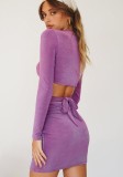Summer Purple Sexy Cut Out V-Neck Long Sleeve Mini Club Dress