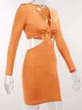 Summer Orange Sexy Cut Out V-Neck Long Sleeve Mini Club Dress