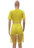 Summer Yellow Sexy Crop Top and Fringe Shorts 2pc Matching Set