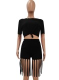 Summer Black Sexy Crop Top and Fringe Shorts 2pc Matching Set