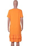 Summer Plus Size Orange O-Neck Ruffles Shirt Dress
