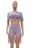 Summer Purple Sexy Crop Top and Fringe Shorts 2pc Matching Set