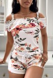 Summer Casual White Floral Strap Top and Shorts 2 Piece Set