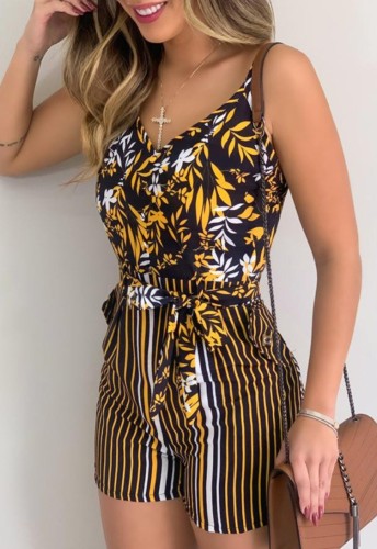 Summer Casual Floral Strap Rompers with Matching Belt