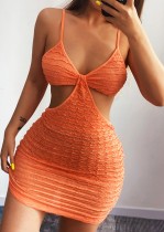 Zomer oranje mini-jurk met uitgesneden band