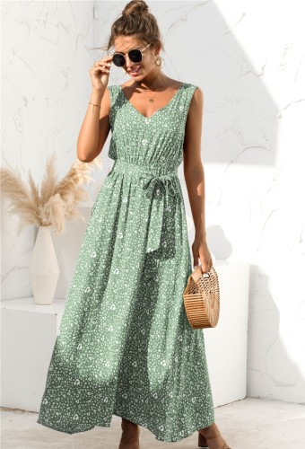 Summer Casual Print Green Sleeveless V-Neck Long Sundress