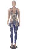 Summer Sexy Cut Out Blue Metallic Halter Ruched Jumpsuit