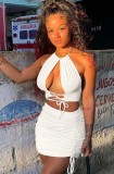 Summer Sexy White Halter Crop Top and Ruched Stings Mini Skirt Set