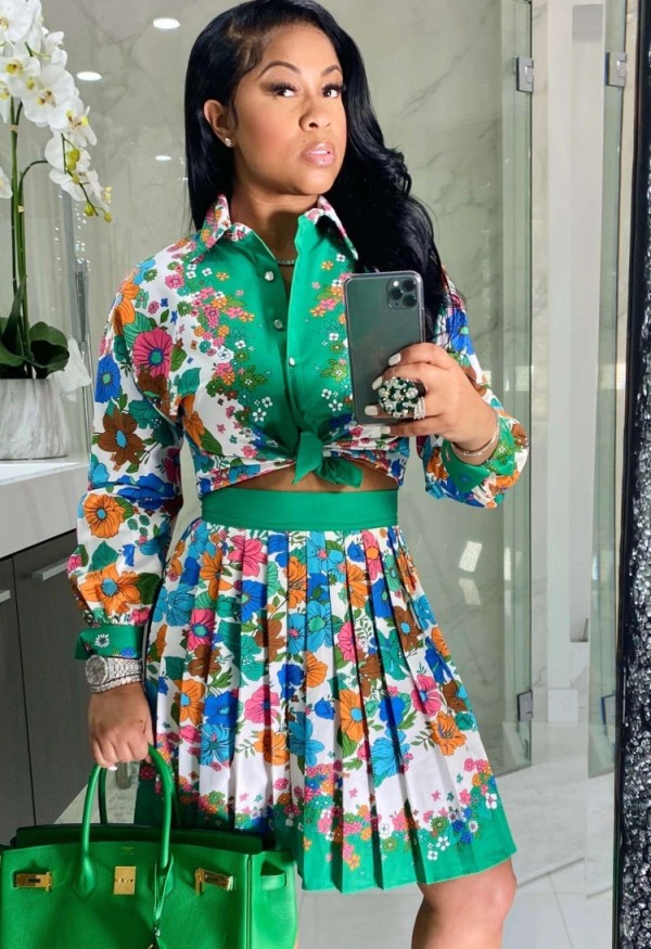 Summer Formal Green Floral Blouse and Pleated Skirt 2 Piece Set