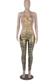 Summer Sexy Cut Out Golden Metallic Halter Ruched Jumpsuit