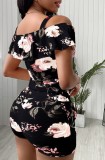 Summer Casual Black Floral Strap Top and Shorts 2 Piece Set