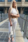 Summer White Ribbed Basic Crop Top and Pants Two-Piece Set
