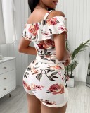 Summer Casual White Floral Strap Top and Shorts 2 Piece Set