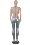 Summer Sexy Cut Out Grey Metallic Halter Ruched Jumpsuit