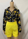 Summer Formal Print Yellow Long Sleeve Blouse and Plain Shorts 2 Piece Set