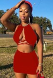 Summer Sexy Red Halter Crop Top and Ruched Stings Mini Skirt Set
