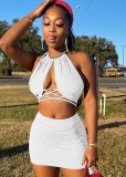 Summer Sexy White Halter Crop Top and Ruched Stings Mini Skirt Set