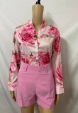 Summer Formal Print Pink Long Sleeve Blouse and Plain Shorts 2 Piece Set