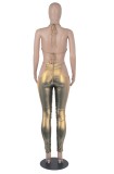 Summer Sexy Cut Out Golden Metallic Halter Ruched Jumpsuit