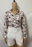 Summer Formal Print White Long Sleeve Blouse and Plain Shorts 2 Piece Set