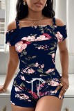 Summer Casual Blue Floral Strap Top and Shorts 2 Piece Set