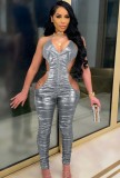 Summer Sexy Cut Out Grey Metallic Halter Ruched Jumpsuit