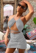 Summer Sexy Grey Halter Crop Top and Ruched Stings Mini Skirt Set