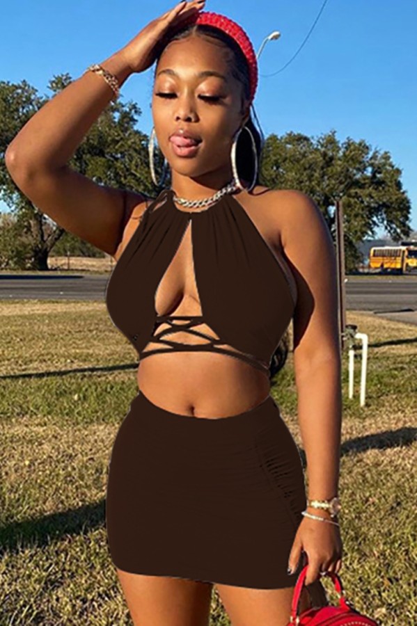 Summer Sexy Brown Halter Crop Top and Ruched Stings Mini Skirt Set