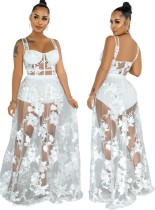 Sommer Sexy weißes Blumenkleid mit breiten Trägern langes Mesh-Kleid